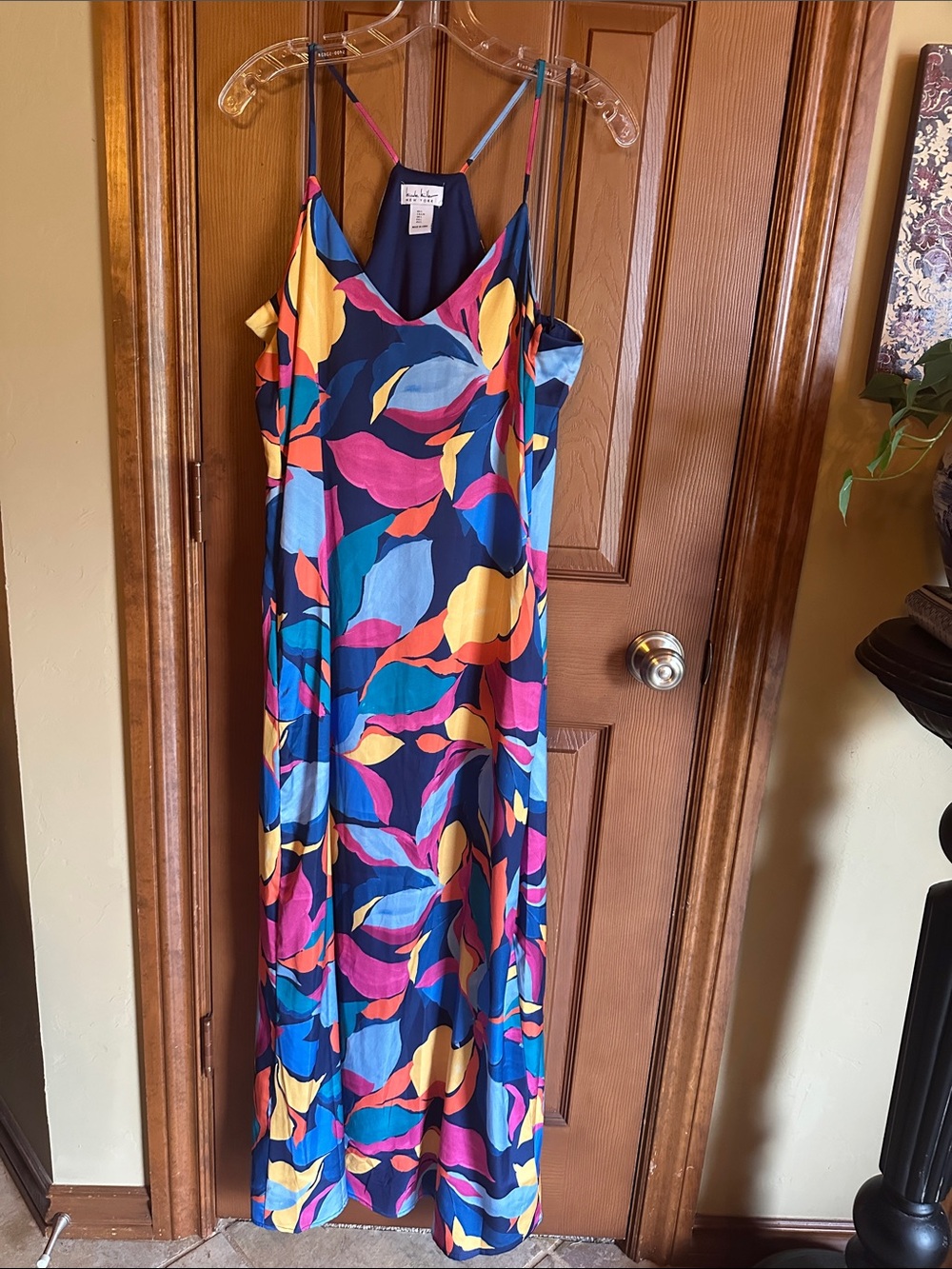 Nicole Miller Navy Multicolor Abstract Slip Maxi Dress, size Large